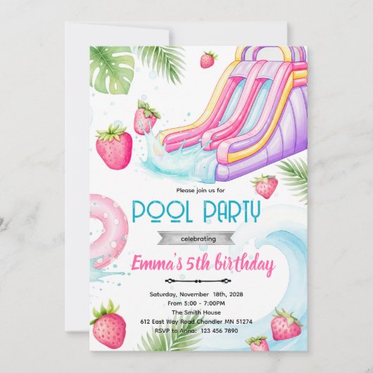 Aardige waterslide aardbei zwembad uitnodiging (Voorkant)