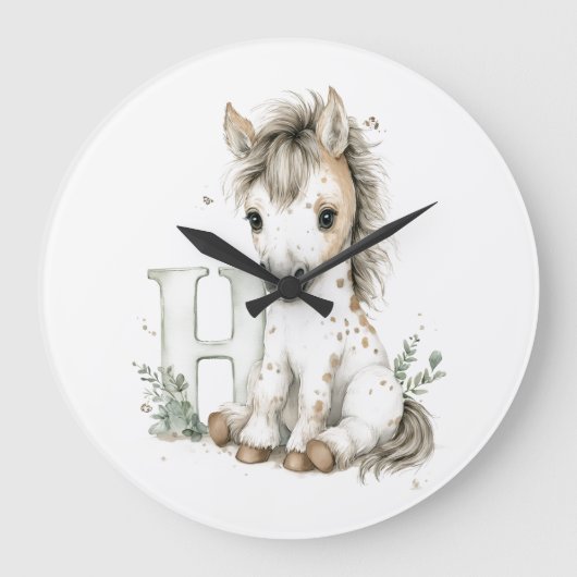 Aardige waterverf baby dier alfabet Paard Grote Klok (Voorkant)