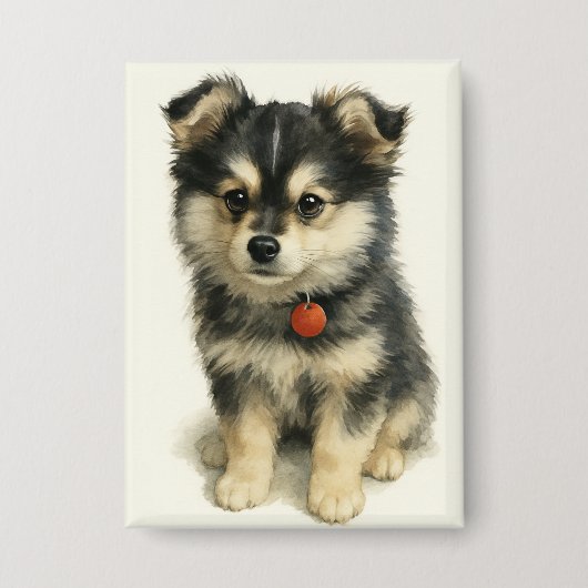 Aardige Waterverf Pomchi Puppy Portret Button (Voorkant)