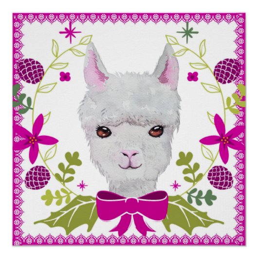 Aardige witte baby lama met fuchsia roze groen perfect poster (Voorkant)