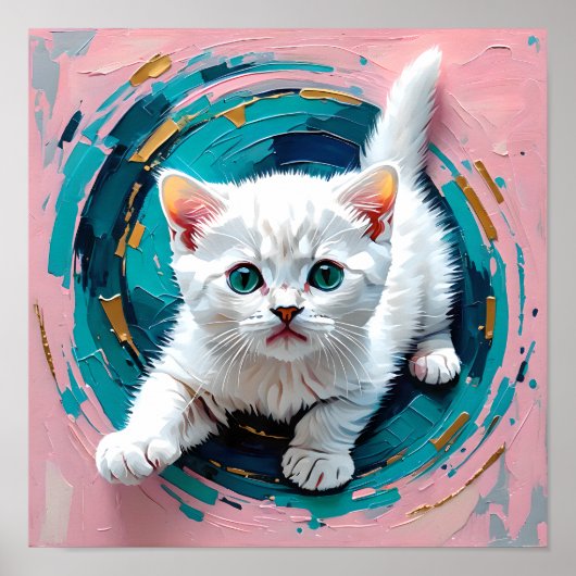 Aardige witte kitten in turquoise draaikolk poster (Voorkant)