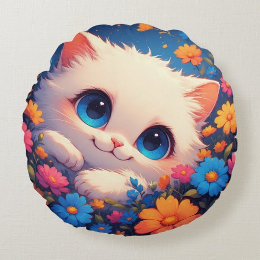 Aardige witte kitten met heldere blauwe ogen rond kussen (Voorkant)