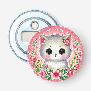 Aardige witte kitten omringd door roze bloemen button flesopener