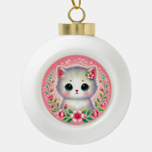 Aardige witte kitten omringd door roze bloemen keramische bal ornament