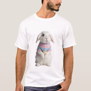 Aardige witte konijn met gebreide pasteltrui t-shirt