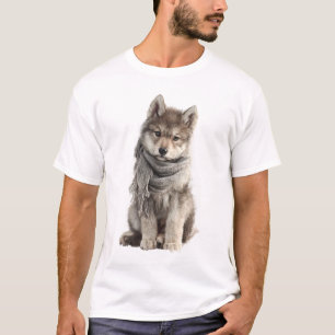 Aardige wolfjong in grijze winter sjaal t-shirt