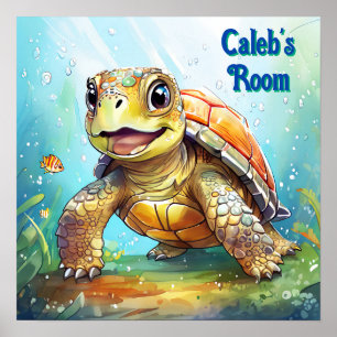 Aardige Zeeschildpad in de Oceaan Cartoon Persoonl Poster