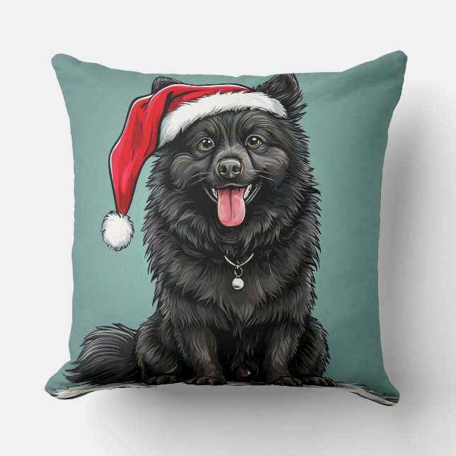 Aardige Zwarte Hond met Kerstmuts Kussen (Voorkant)