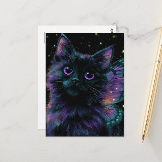 Aardige Zwarte Kat Fee Briefkaart (Voorkant / Achterkant in situ)