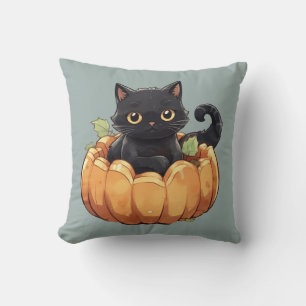 Aardige Zwarte Kat in een Pompoen Groen Halloween Kussen