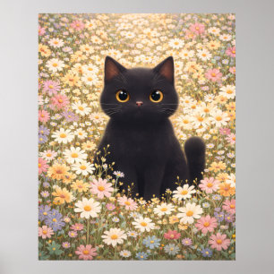 Aardige zwarte kat in een veld met madeliefjes Pos Poster