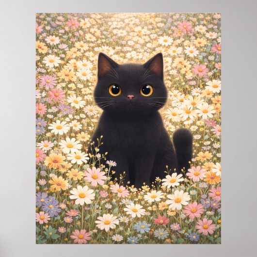 Aardige zwarte kat in een veld met madeliefjes Pos Poster (Voorkant)