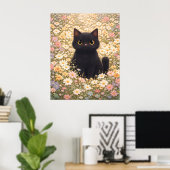 Aardige zwarte kat in een veld met madeliefjes Pos Poster (Thuiskantoor)