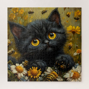 Aardige zwarte kitten tussen bloemen legpuzzel