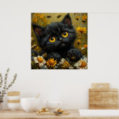 Aardige zwarte kitten tussen bloemen poster (Keuken)
