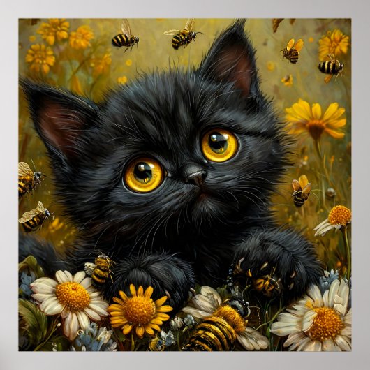Aardige zwarte kitten tussen bloemen poster (Voorkant)