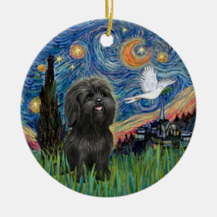 Aardige zwarte Shih Tzu in Starry Night-aanpassing Keramisch Ornament