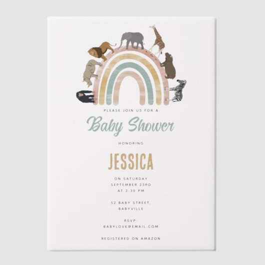 Aardkleuren Regenboogdieren Oerwoud Baby shower Vellum Uitnodigingen (Voorkant)