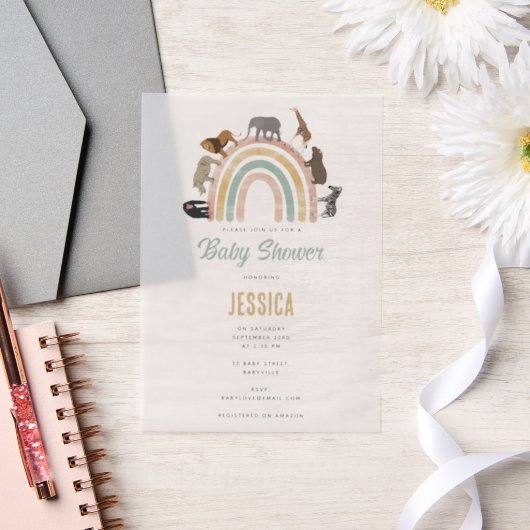 Aardkleuren Regenboogdieren Oerwoud Baby shower Vellum Uitnodigingen (Huwelijk)