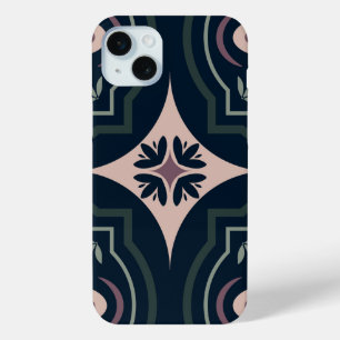 aardkleurige bloemige geometrische tegels iPhone 15 mini hoesje