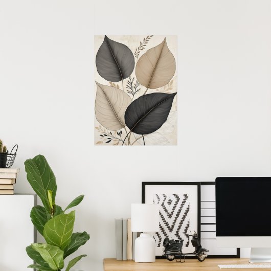 Aardse Abstracte bladeren Neutral Botanical Poster (Thuiskantoor)