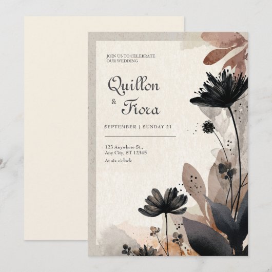 Aardse Abstracte Floral Wedding Kaart (Voorkant / Achterkant)