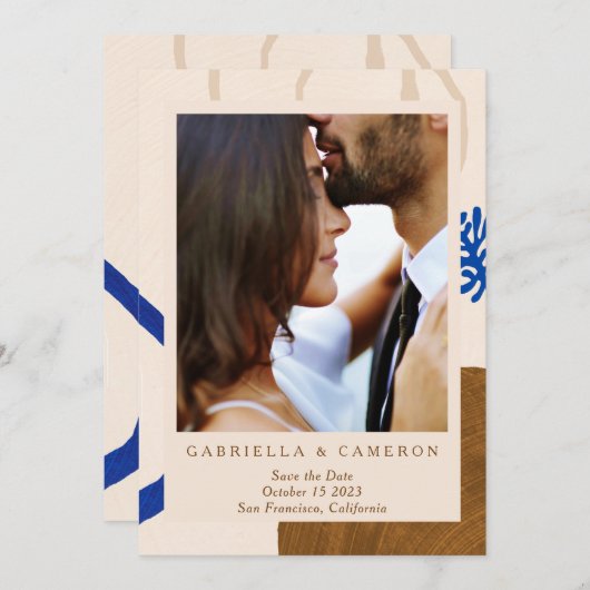 Aardse Abstracte Herfst Neutrals Blauwe Fotobruilo Save The Date (Voorkant / Achterkant)