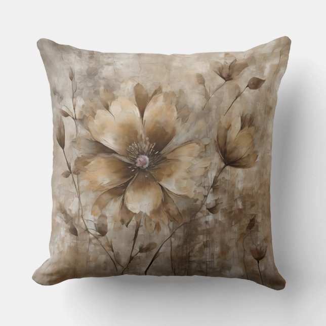 Aardse Beige Bruine Waterverf Bloemendruk Kussen (Voorkant)