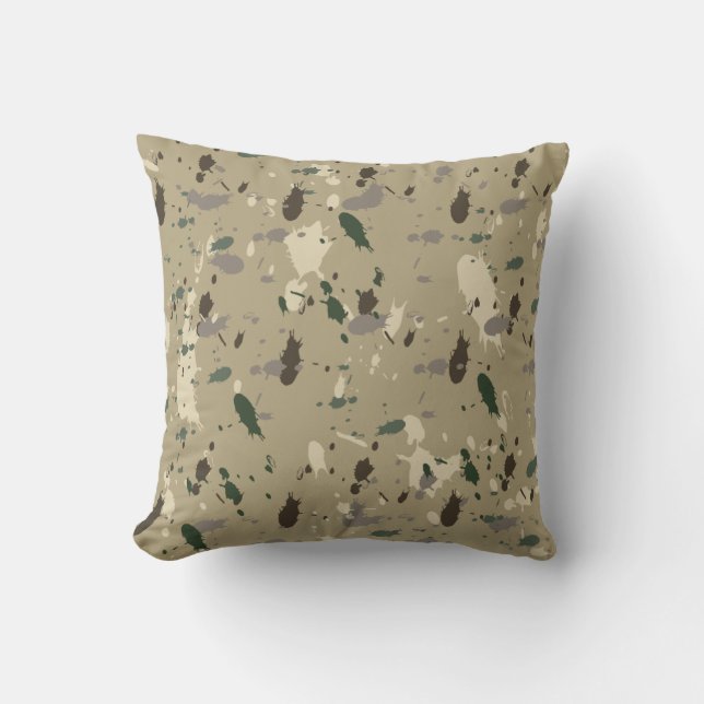 Aardse Beige Camo Natuur Kleuren Paint Splatter Kussen (Voorkant)