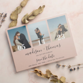 Aardse Beige Script 3 Foto Bruiloft Save The Date Magnetische Uitnodiging