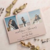 Aardse Beige Script 3 Foto Bruiloft Save The Date Magnetische Uitnodiging