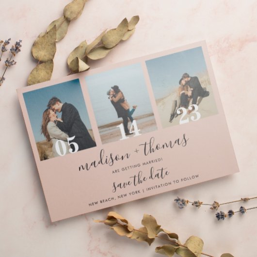Aardse Beige Script 3 Foto Bruiloft Save The Date Magnetische Uitnodiging