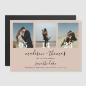 Aardse Beige Script 3 Foto Bruiloft Save The Date Magnetische Uitnodiging (Voorkant / Achterkant)