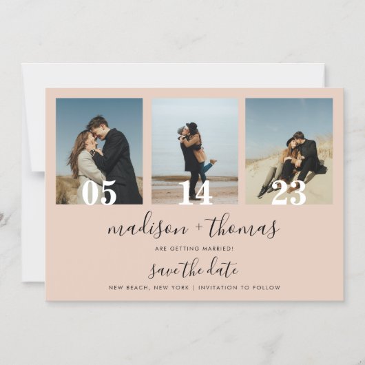 Aardse Beige Script 3 Foto Bruiloft Save The Date Magnetische Uitnodiging (Voorkant)