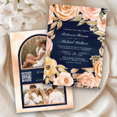Aardse Bloemen Herfst Herfst QR Code Navy Wedding Kaart