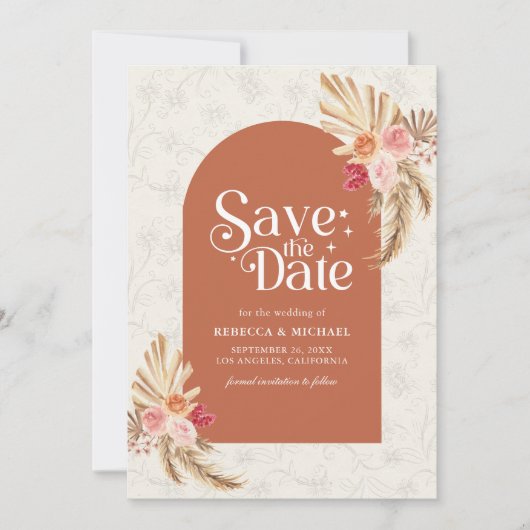 Aardse Bloemen Pampas Terracotta bruiloft Save The Date (Voorkant)