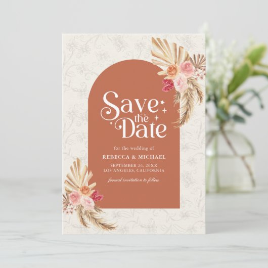 Aardse Bloemen Pampas Terracotta bruiloft Save The Date (Staand voorkant)
