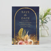 Aardse Bloemenboog Goud Marine Blauwe bruiloft Save The Date (Staand voorkant)