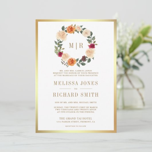 Aardse Bloemenkrans Alles in één bruiloft Kaart (Staand voorkant)