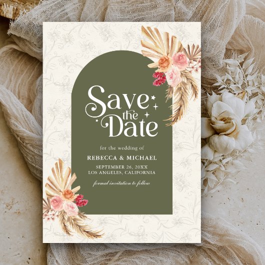 Aardse Bloemenpampas Sage Green Wedding Save The Date