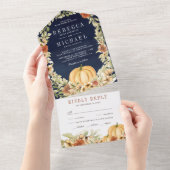 Aardse Bloemige Botanische Pompoen Marineblauw Huw All In One Uitnodiging (Afscheurbaar)