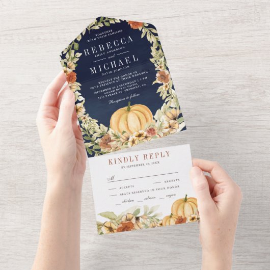 Aardse Bloemige Botanische Pompoen Marineblauw Huw All In One Uitnodiging (Afscheurbaar)