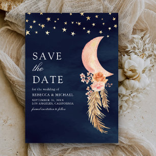 Aardse Bloemige Halve Maan Marineblauwe Huwelijk Save The Date