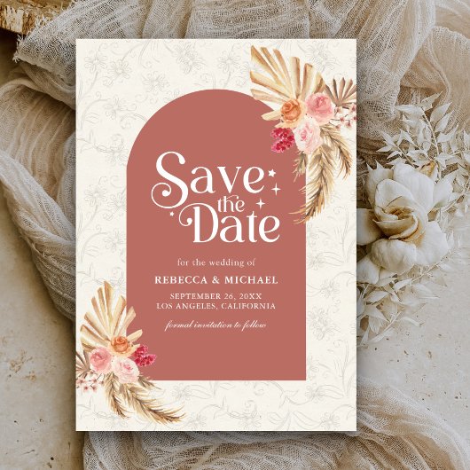 Aardse Bloemige Pampas Kaneel Bruiloft Save The Date