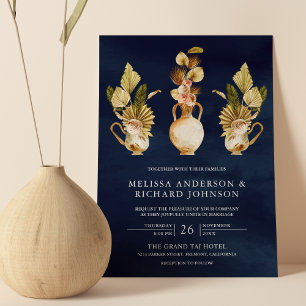 Aardse Bloempot Gedroogde Palm Marineblauw Bruilof Kaart