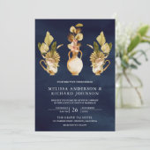 Aardse bloempotten gedroogd Palm Navy Blue Wedding Kaart (Staand voorkant)