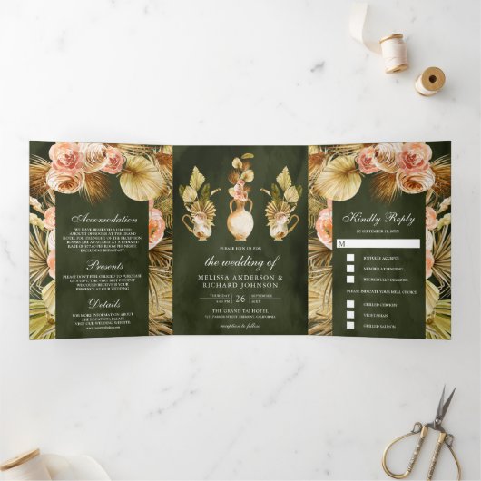 Aardse bloempotten Gedroogde Palm Olijf Groene bru Drieluik Uitnodiging (Binnen)