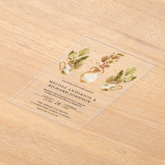 Aardse Bloempotter Boho Palm Bruiloft Acryl Uitnodigingen (Laagn)