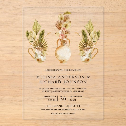 Aardse Bloempotter Boho Palm Bruiloft Acryl Uitnodigingen (Voorkant)