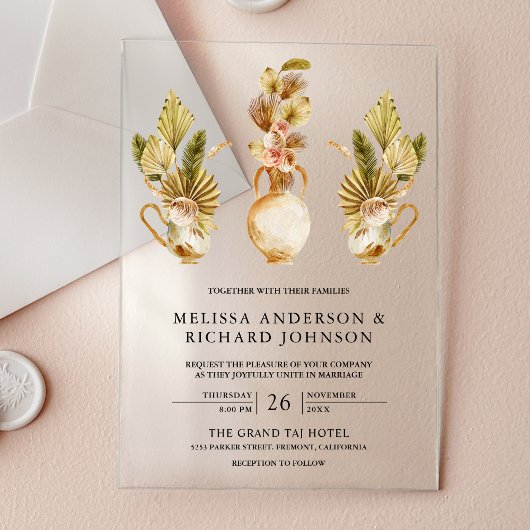 Aardse Bloempotter Boho Palm Bruiloft Acryl Uitnodigingen
